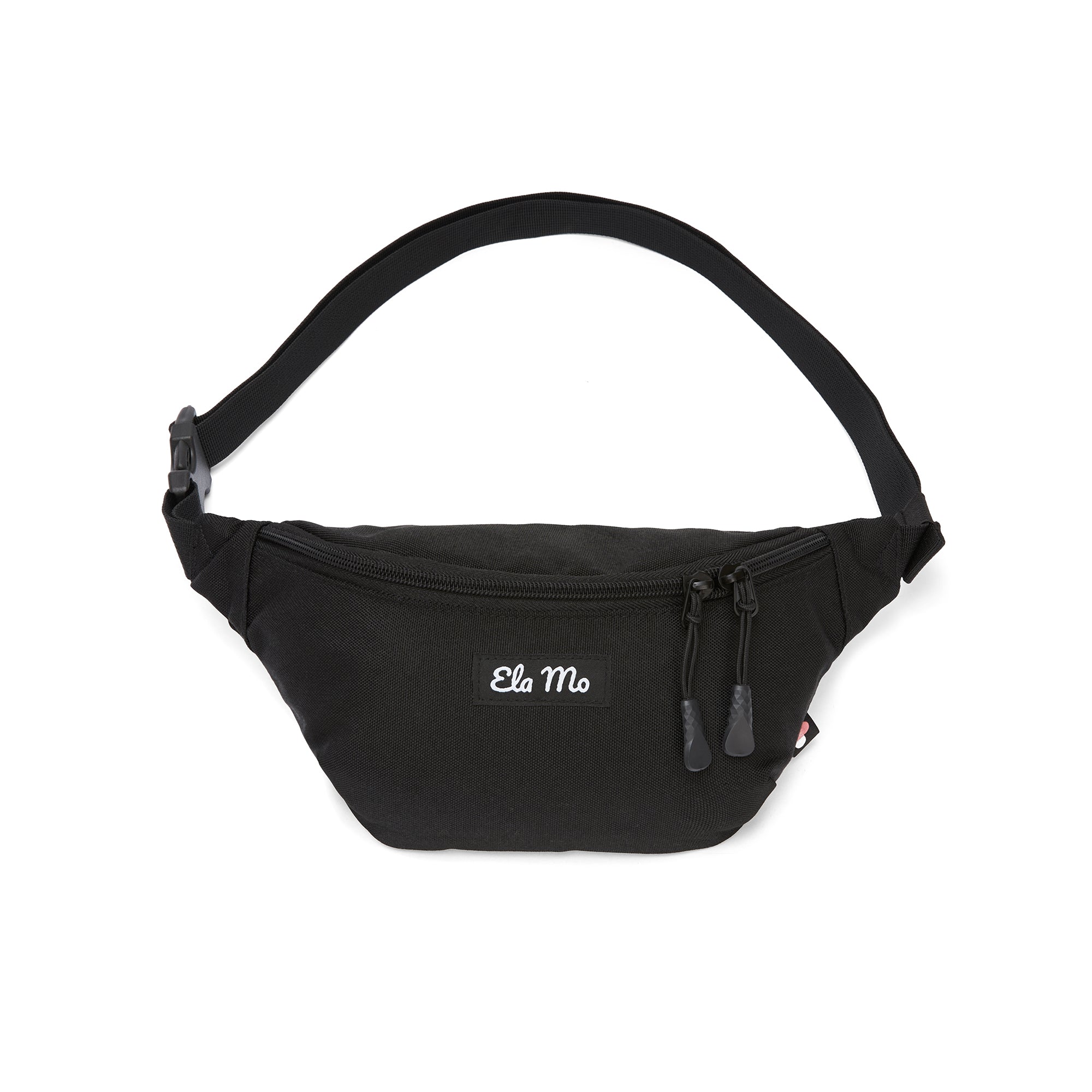 Ela Mo™ Hipbag | Black. Schwarzer Hipbag mit zweifachem Reißverschluss und Umhängegurt.