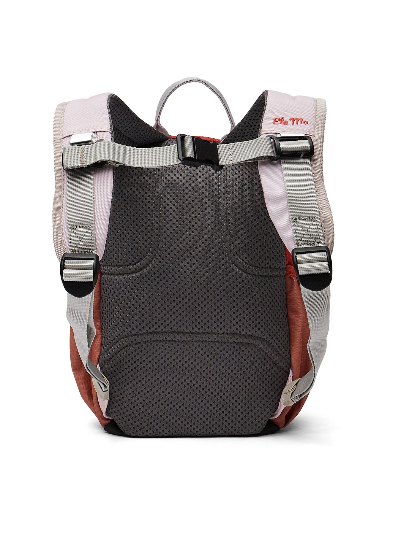 Ela Mo™ Kinderrucksack (3-6 Jahre) | Cotton Candy. Die dunkle Rückseite des rosafarbenen Rucksacks mit Schulterriemen.