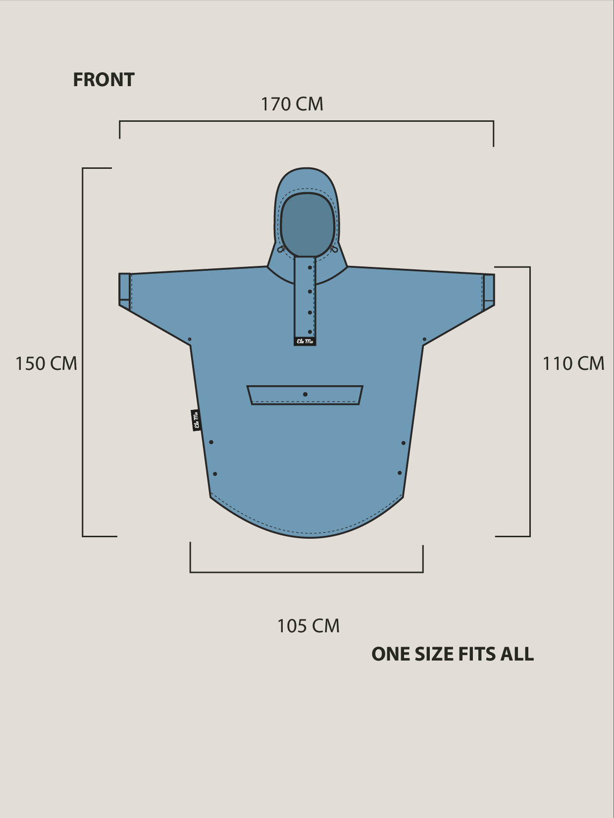 Ela Mo™ Regenponcho | Leo. Beschreibung sowie Produktangaben zur Länge und Höhe der Vorderseite.