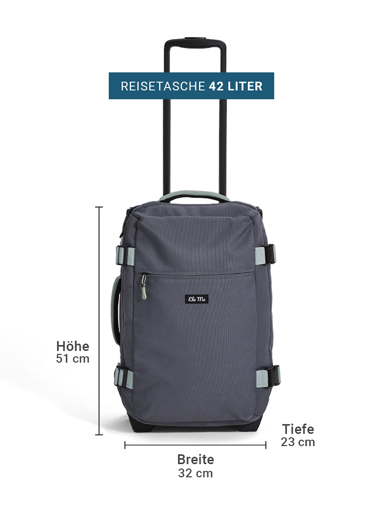 Ela Mo™ Reisetasche mit Rollen 42 Liter | Darkgrey Mint. Reisetasche mit Maßangaben auf weißem Hintergrund.