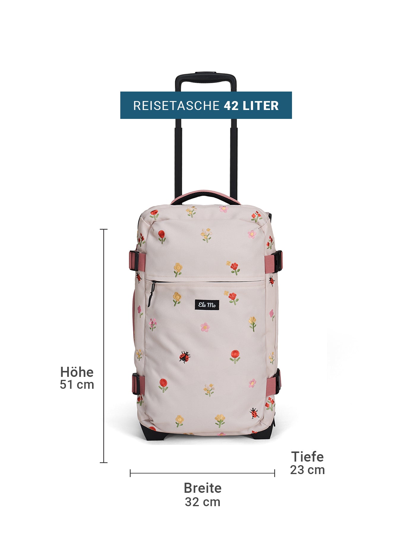 Ela Mo™ Reisetasche mit Rollen 42 Liter | Embroidery Edition Losy. Geblümte Tasche mit Maßangaben auf weißem HIntergrund.