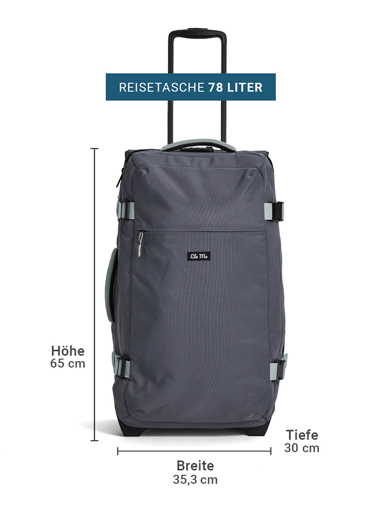 Ela Mo™ Reisetasche mit Rollen 78 Liter | Darkgrey Mint. Reisetasche mit Maßangaben auf weißem Hintergrund.