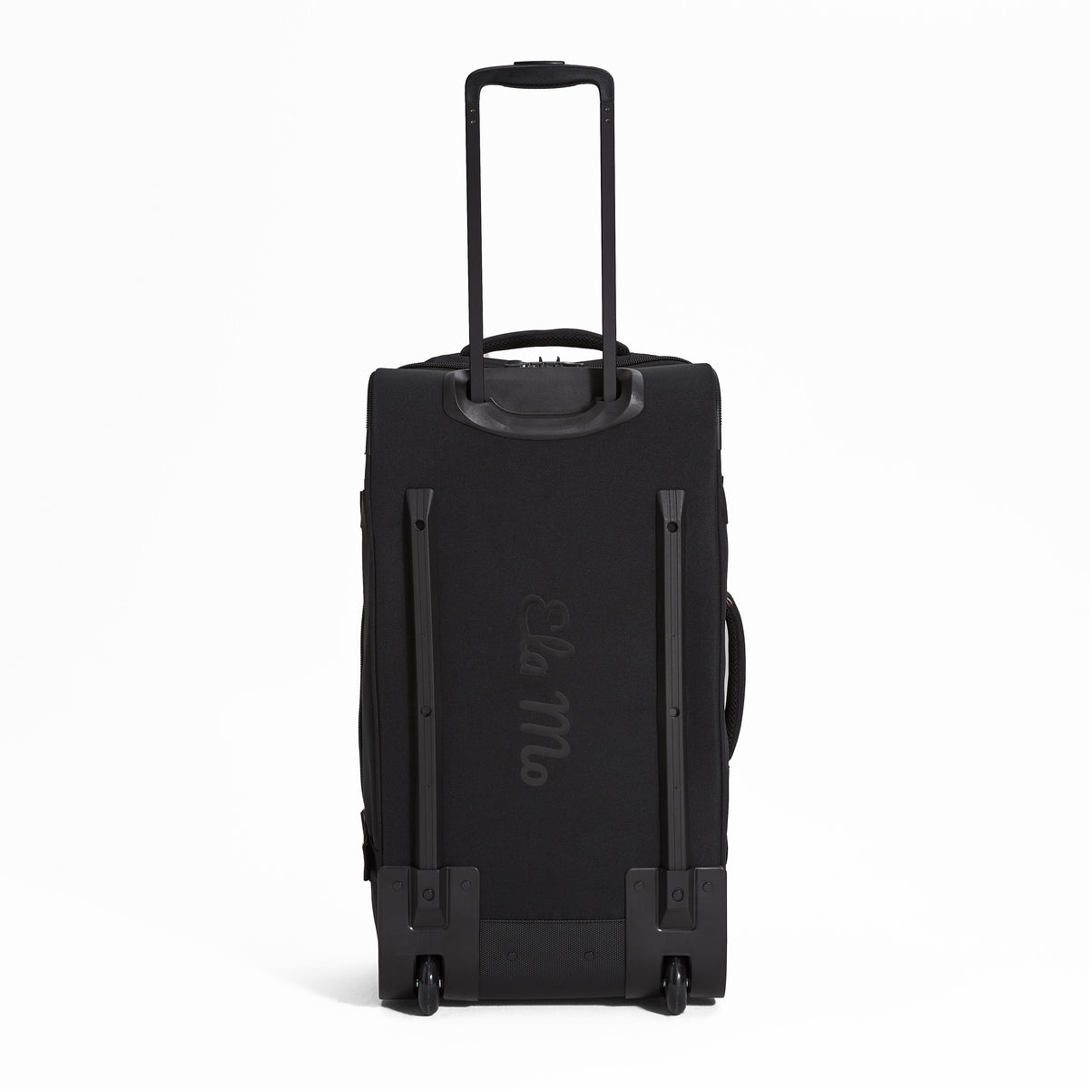 Ela Mo™ Reisetasche mit Rollen 78 Liter | Black. Die Rückseite der Reisetasche mit Rollen und Herstellerlogo in der Mitte.