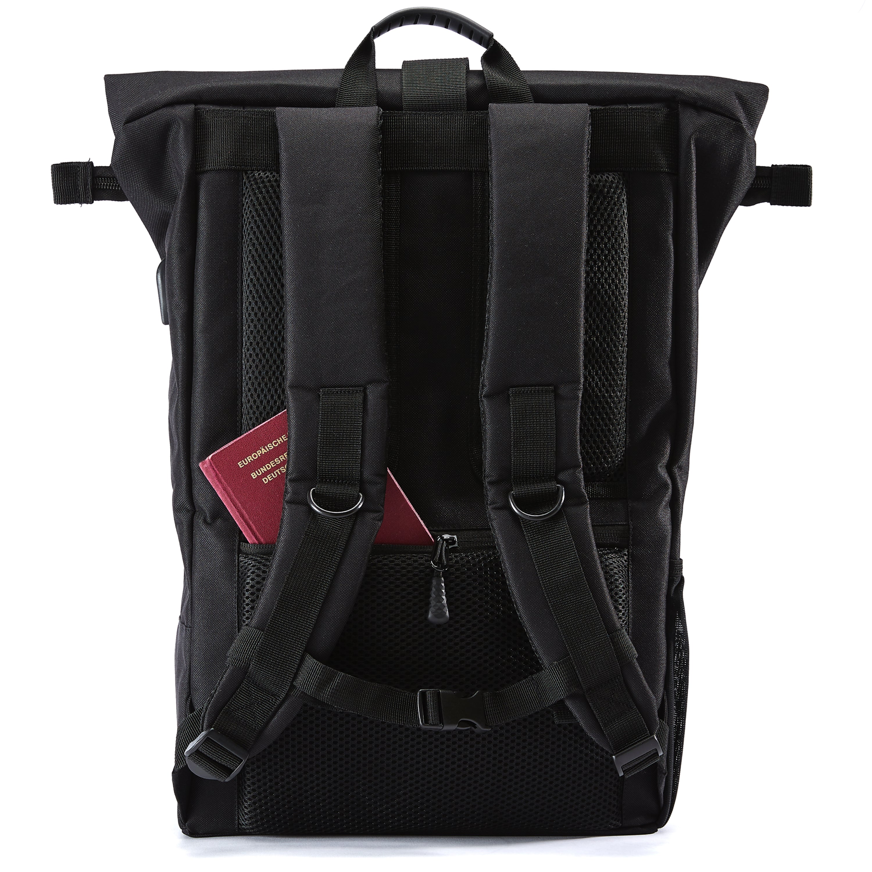 Ela Mo™ Rolltop Rucksack | Beauty in Darkness. Die Rückseite des Rucksacks mit Schulterriemen und kleinem Außenfach.