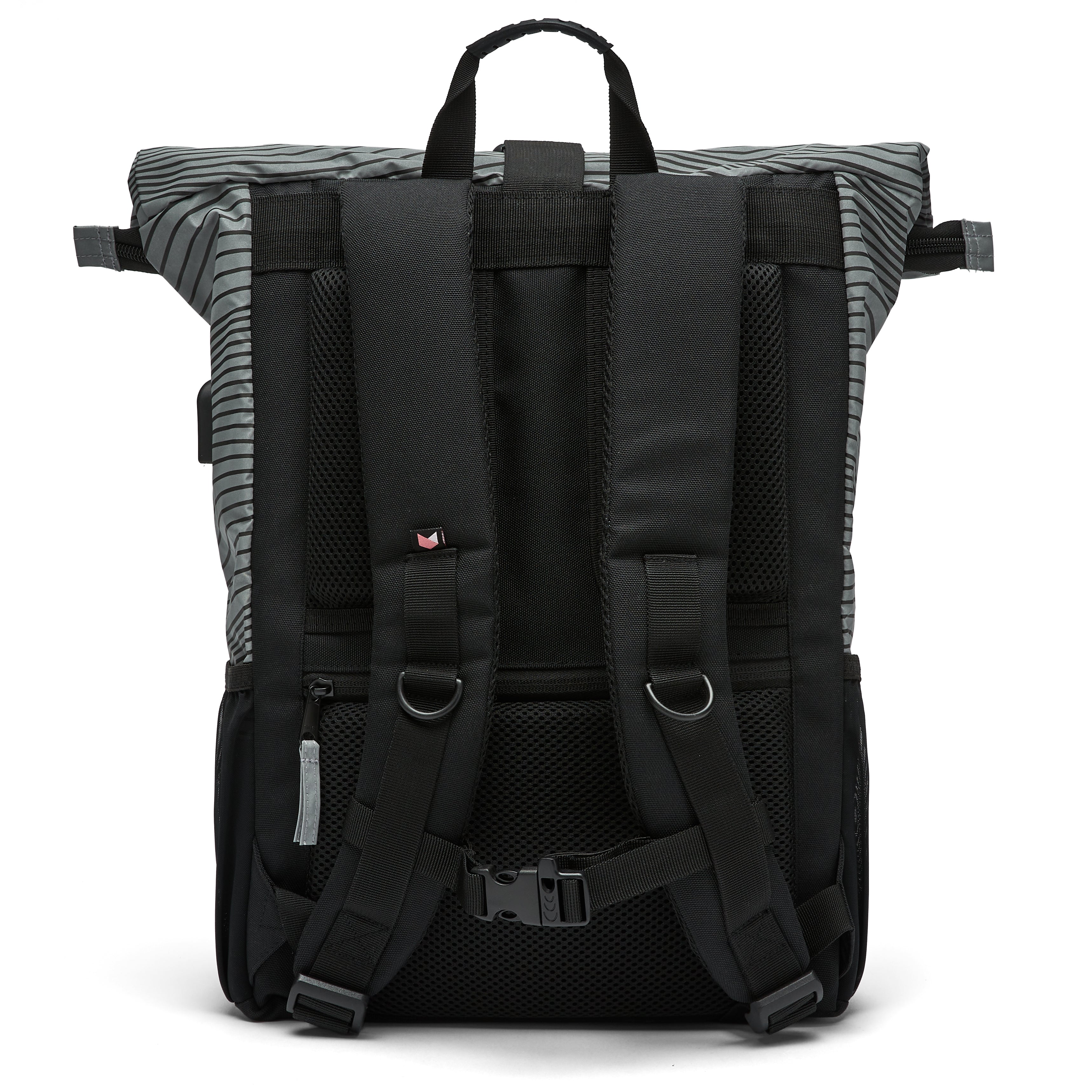 Ela Mo™ Rolltop Rucksack Night Edition | Wave. Die Rückseite des Rucksacks mit Schulterriemen und Außenfach.