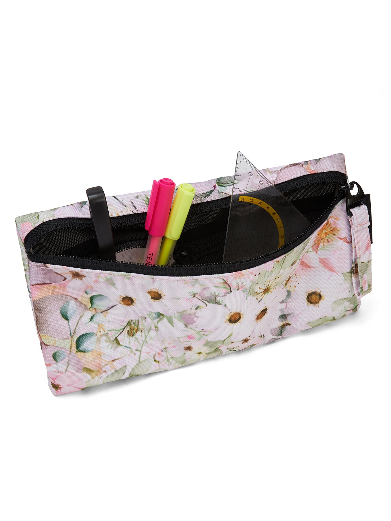 Ela Mo™ Stiftetasche | Bed Of Flowers. Die Stifttasche geöffnet, mit verschiedenen Stiften und einem Lineal darin.