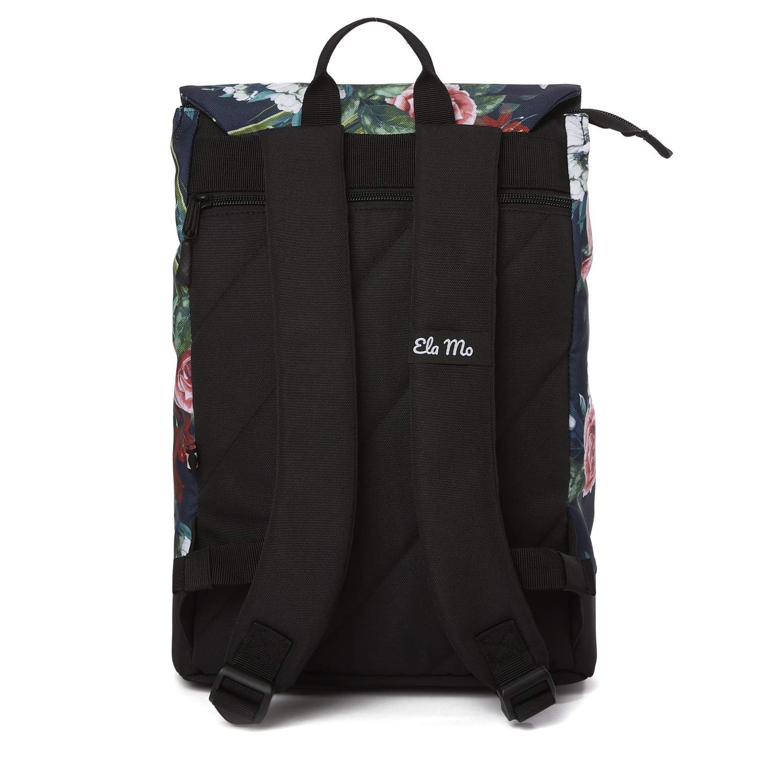 Ela Mo™ Daypack Rucksack | A Rose. Die Rückseite des Rucksacks mit bequemen Schulterriemen und kleinem Außenfach.
