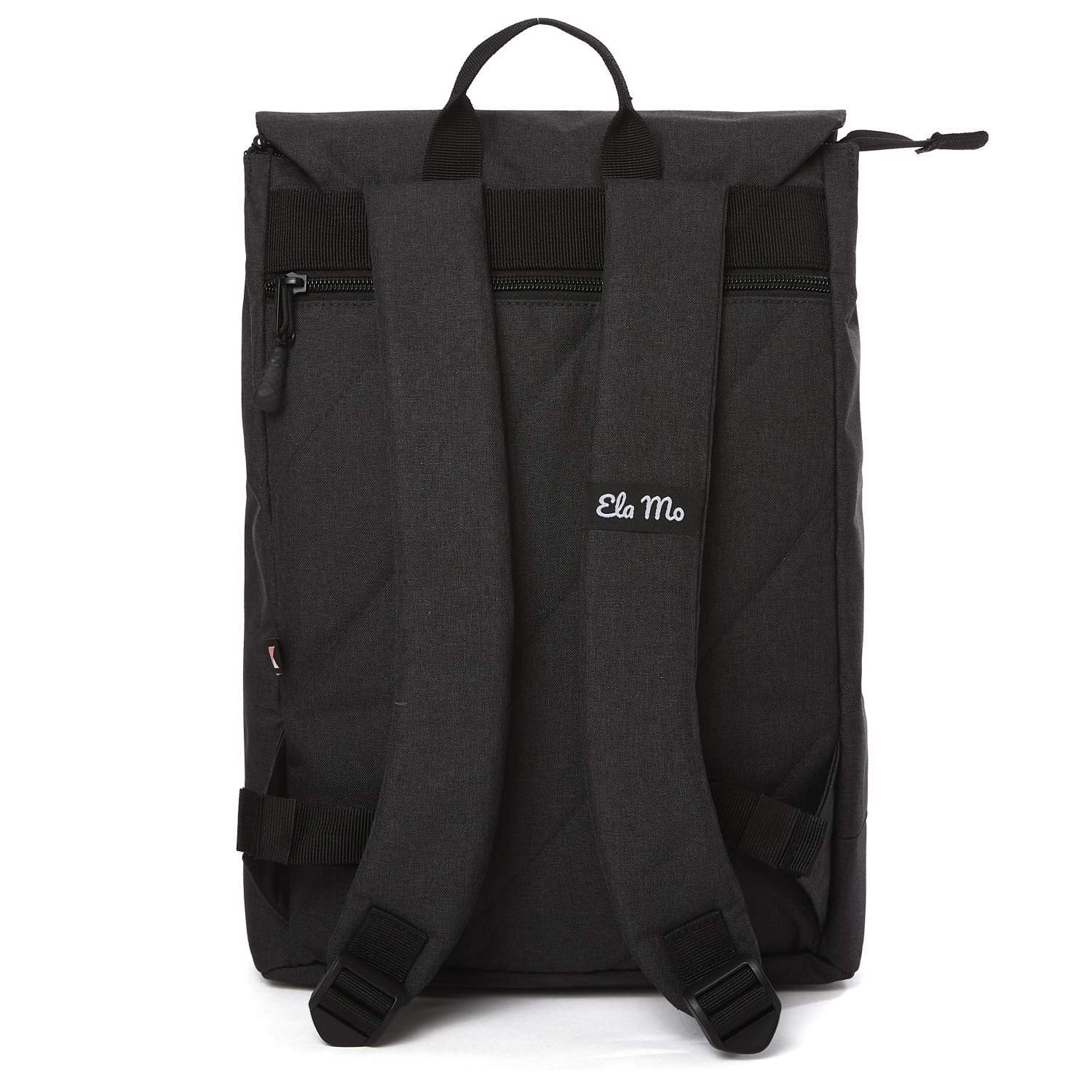 Ela Mo™ Daypack Rucksack | Stone. Die Rückseite des Rucksacks mit bequemen Schulterriemen und kleinem Außenfach.