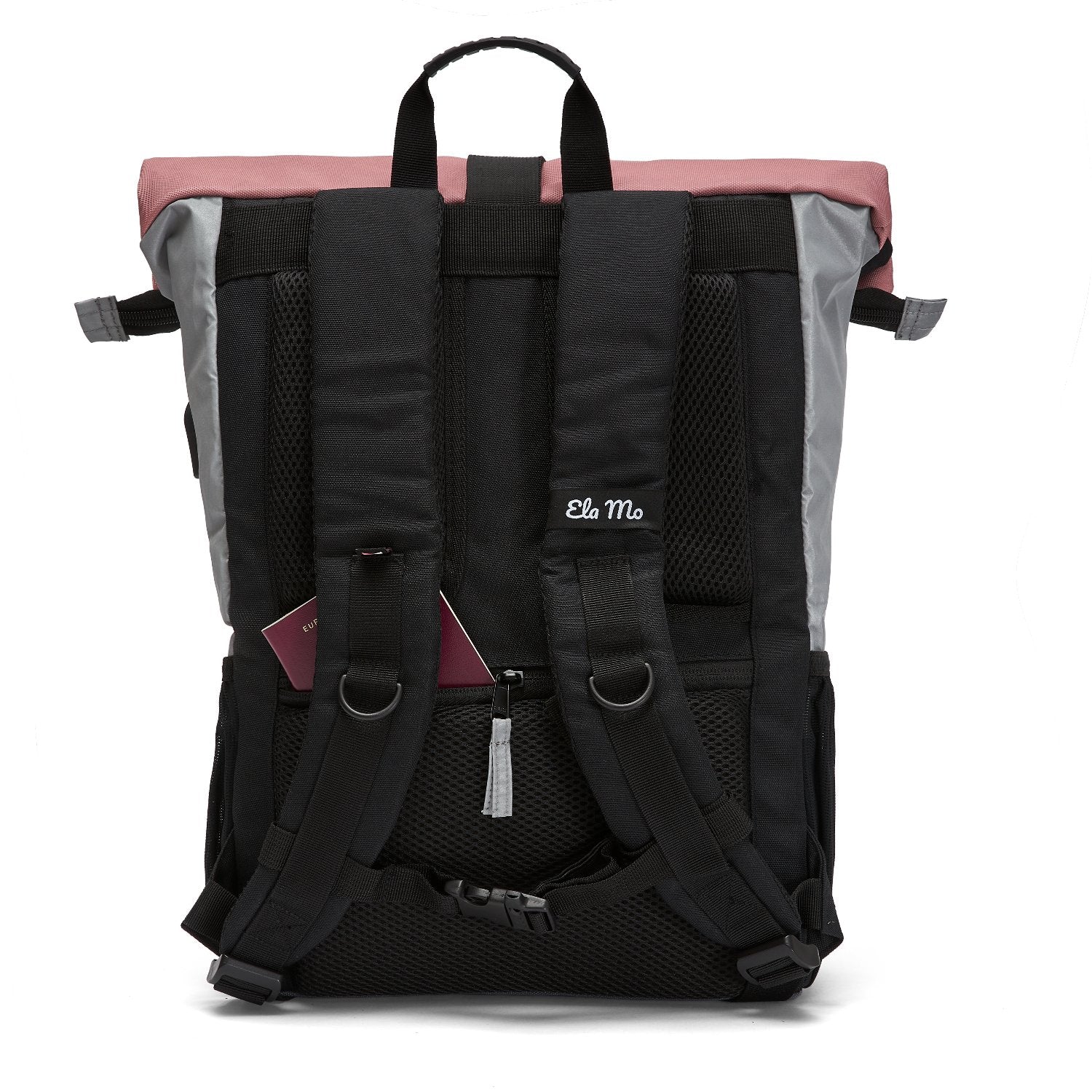 Ela Mo™ Rolltop Rucksack Night Edition | Peach. Die Rückseite des Rucksacks mit Schulterriemen und kleinem Außenfach.