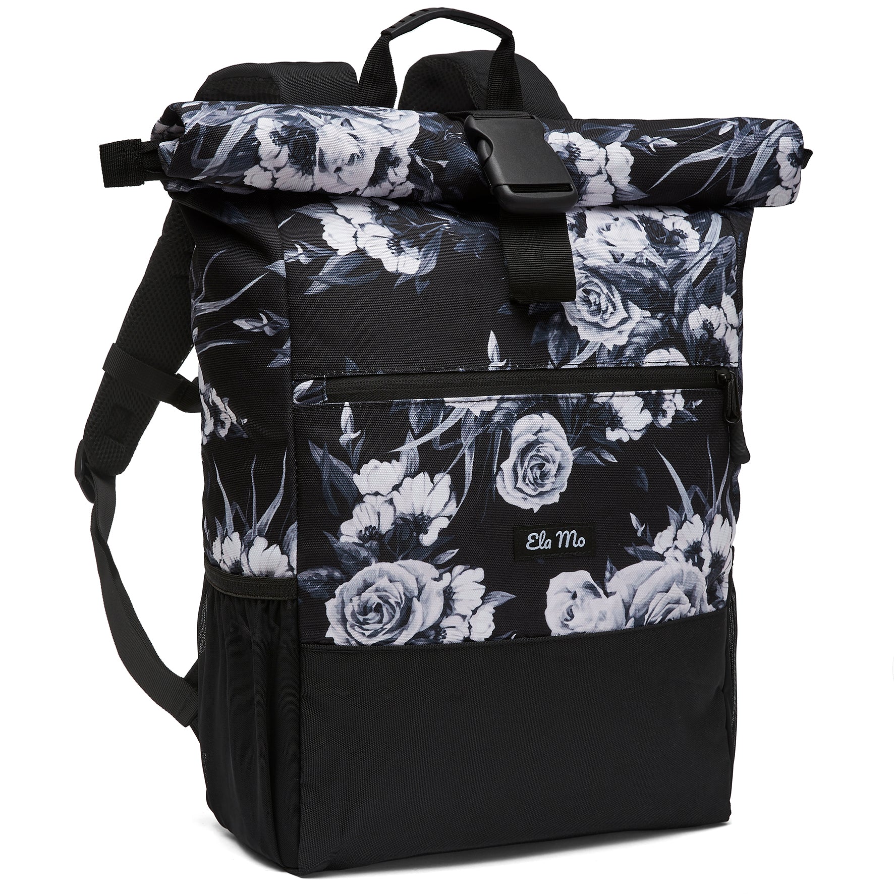 Ela Mo™ Rolltop Rucksack | Nightrose. Rucksack mit Verschlussclip und Herstellerlogo vorne.