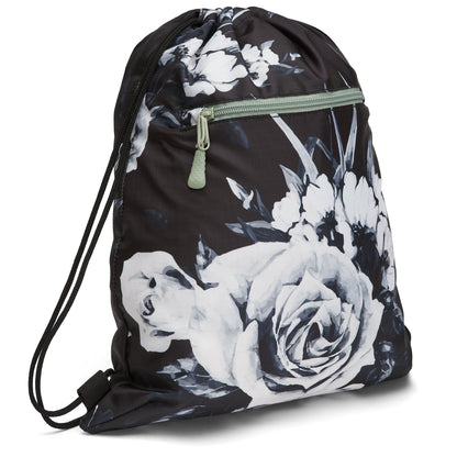 Ela Mo™ Packtaschen-Set | 5-teilig. Ein schwarzer, geblümter, dünner Rucksack des Sets mit kleinem Außenfach vorne.