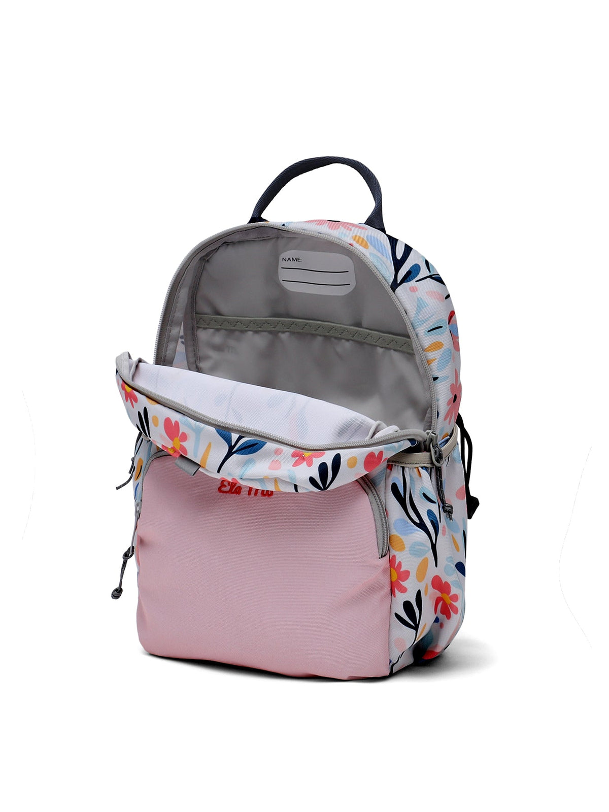 Ela Mo™ Kinderrucksack (3-6 Jahre) | Pastel Land. Ein geblümter rosa Rucksack mit hellgrauem Innenbereich.