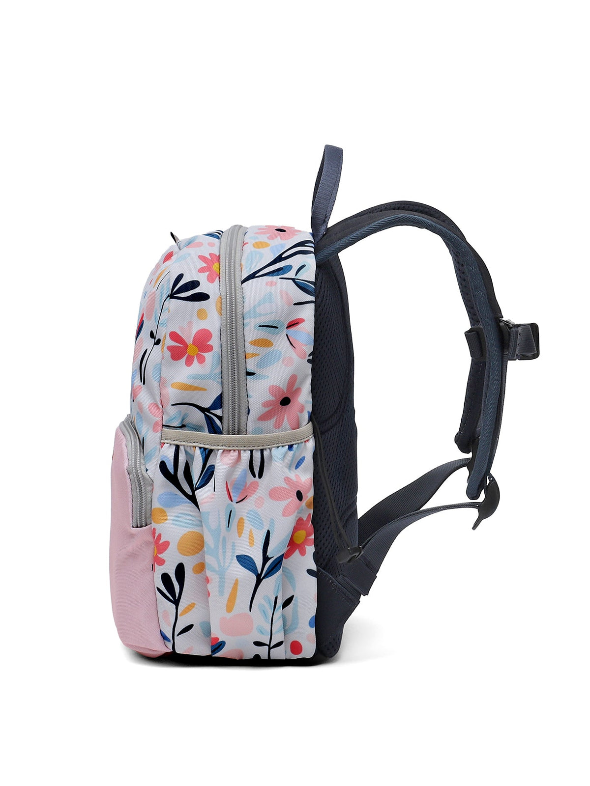 Ela Mo™ Kinderrucksack (3-6 Jahre) | Pastel Land. Ein rosa Rucksack mit floralem Muster, Seitenansicht mit Hängeschlaufen.