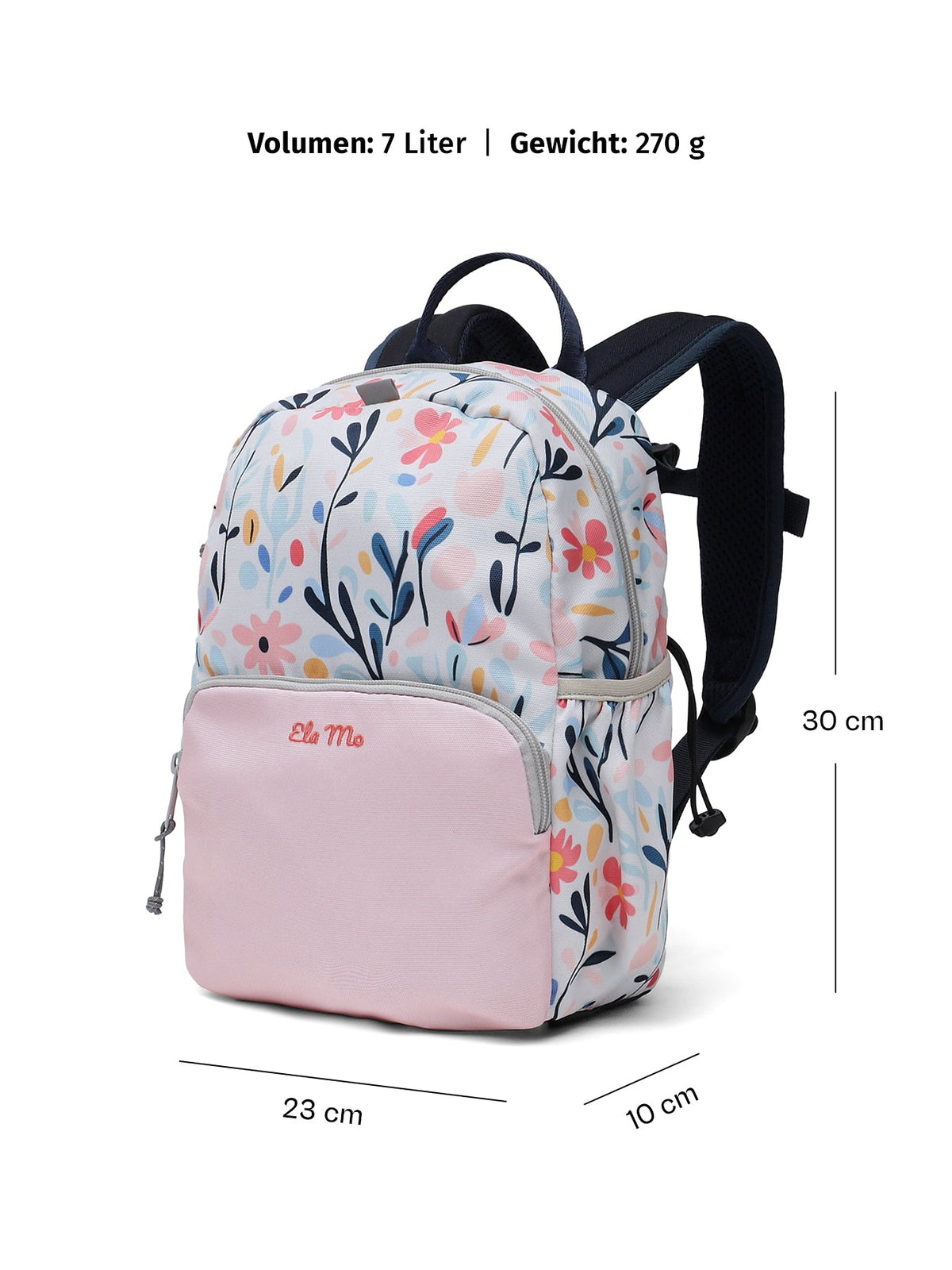 Ela Mo™ Kinderrucksack (3-6 Jahre) | Pastel Land. Ein geblümter rosa Rucksack mit Maßangaben