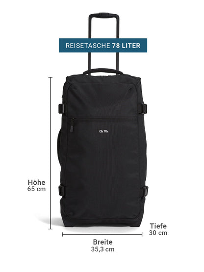 Ela Mo™ Reisetasche mit Rollen 78 Liter | Black. Reisetasche mit Maßangaben auf weißem Hintergrund.