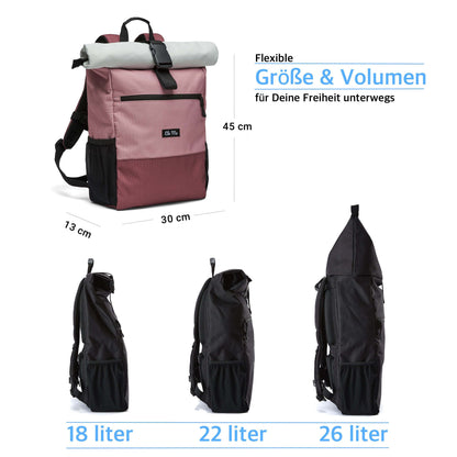 Ela Mo™ Rolltop Rucksack | Strawberry Ceam. Rucksack mit Maßangaben und drei Möglichkeiten zur Volumenerweiterung.