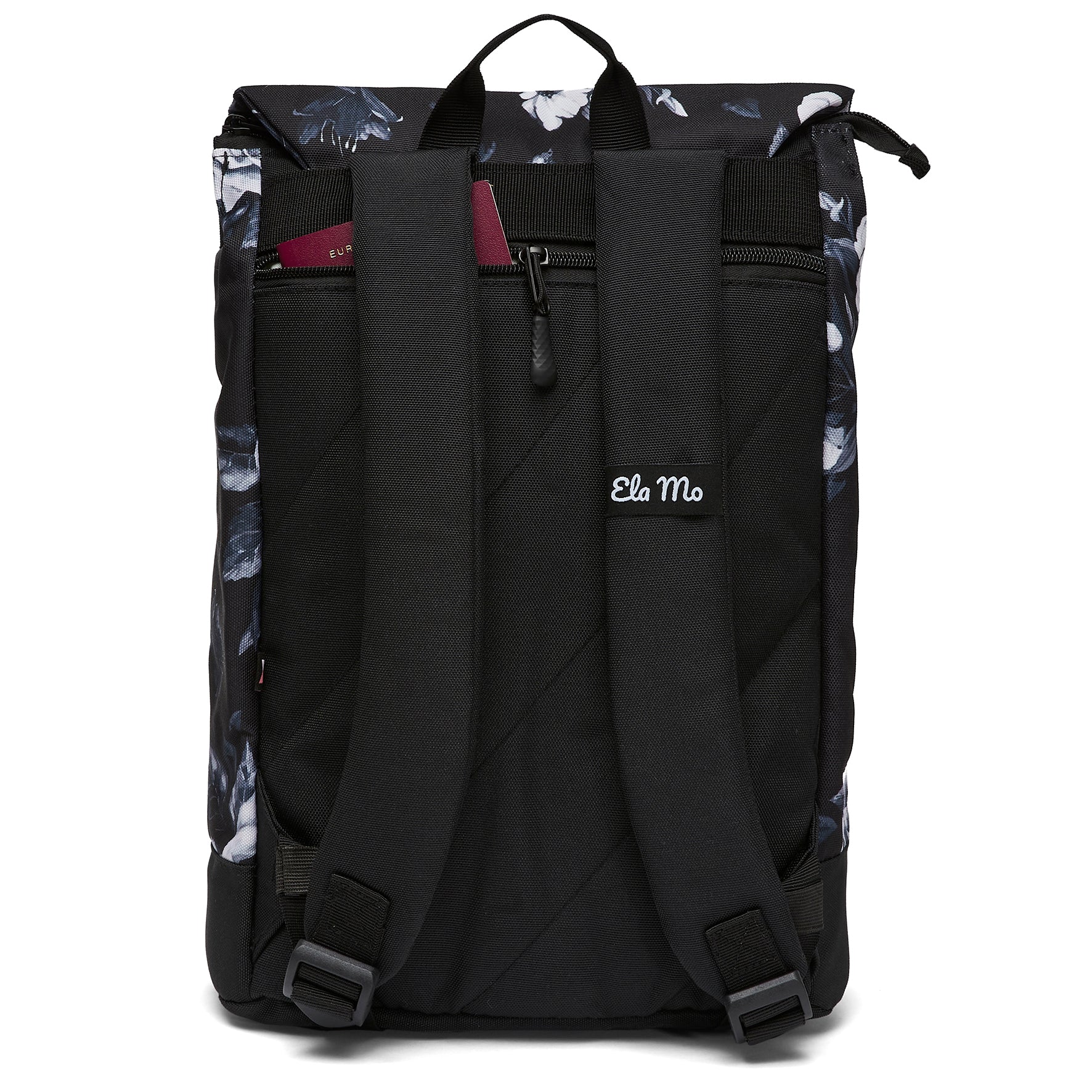 Ela Mo™ Daypack Rucksack | Nightrose. Die Rückseite des Rucksacks mit Schulterriemen und kleinem Außenfach.