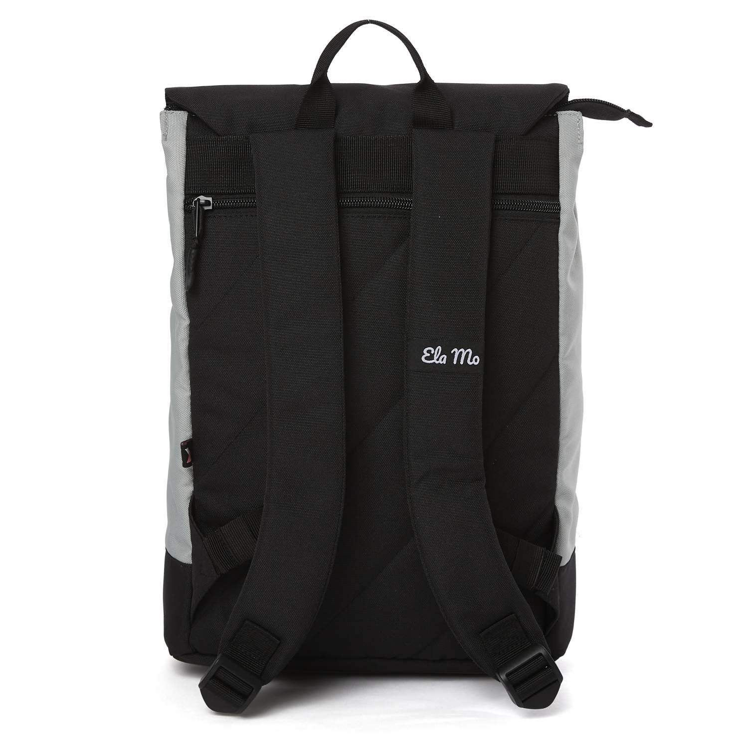 Ela Mo™ Daypack Rucksack | The Grey. Die Rückseite des Rucksacks mit bequemen Schulterriemen und kleinem Außenfach.