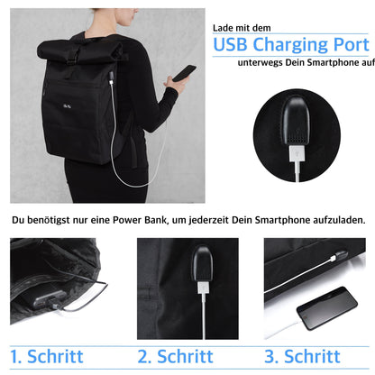 Rolltop Rucksack Waterleaf Gold USB Anschluss