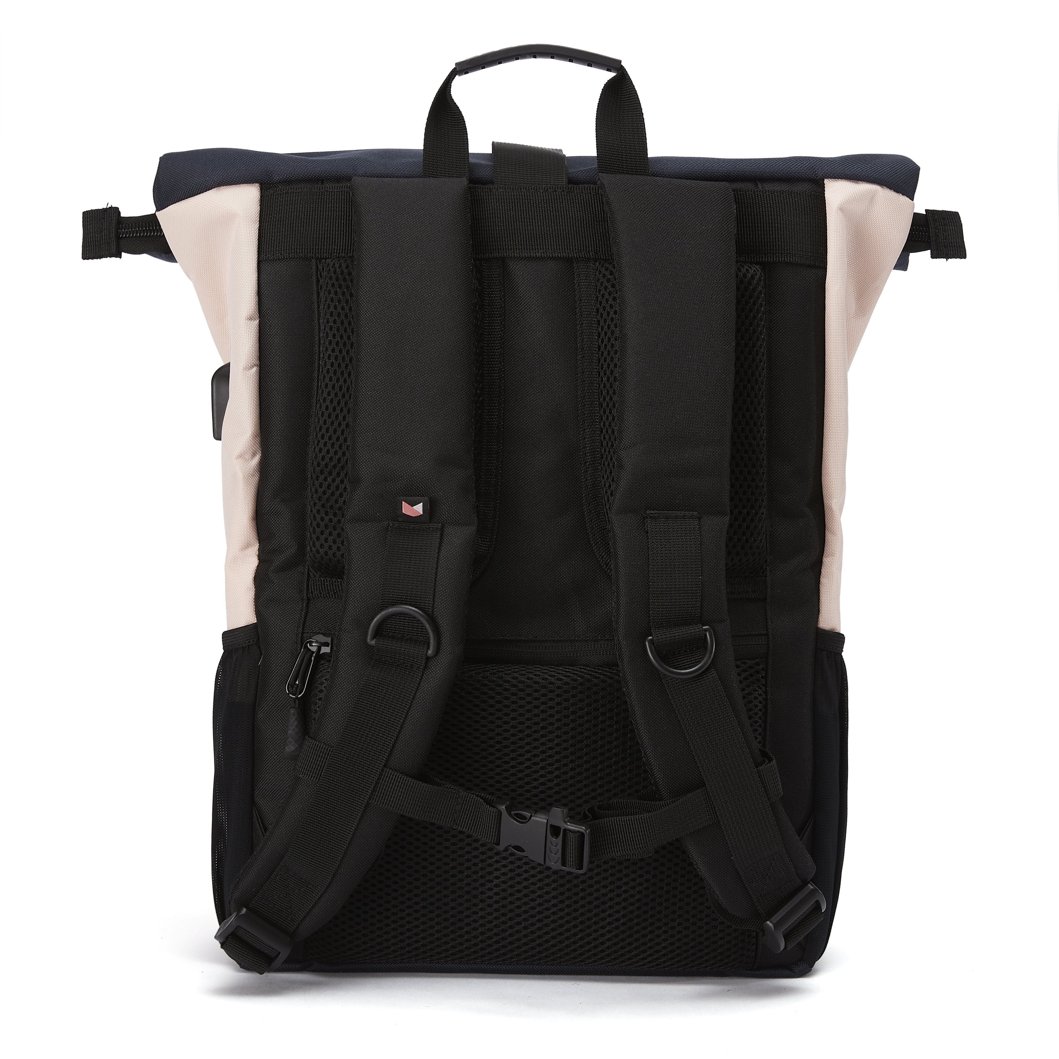 Ela Mo™ Rolltop Rucksack | Pink & Blue. Die Rückseite des Rucksacks mit Schulterriemen und kleinem Außenfach.